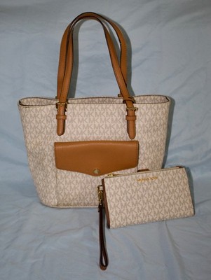 Michael Kors Jet Set Multi Function Tote Handbag Purse Brown/Cream with Wallet