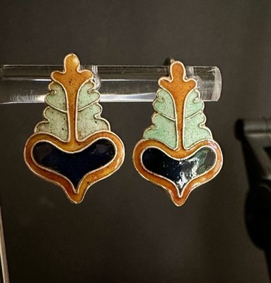 Chinese Export Victorian Style 925 Sterling Enamel Cloisonné Earrings Gold Wash
