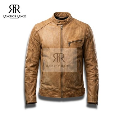 Handmade Men s Distressed Tan Leather Motorcycle Jacket - Vintage Cafe Racer Sty