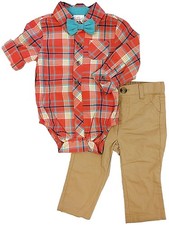 Infant Boys Orange Plaid Creeper With Bow Tie  Khaki Pants Outfit Set NB