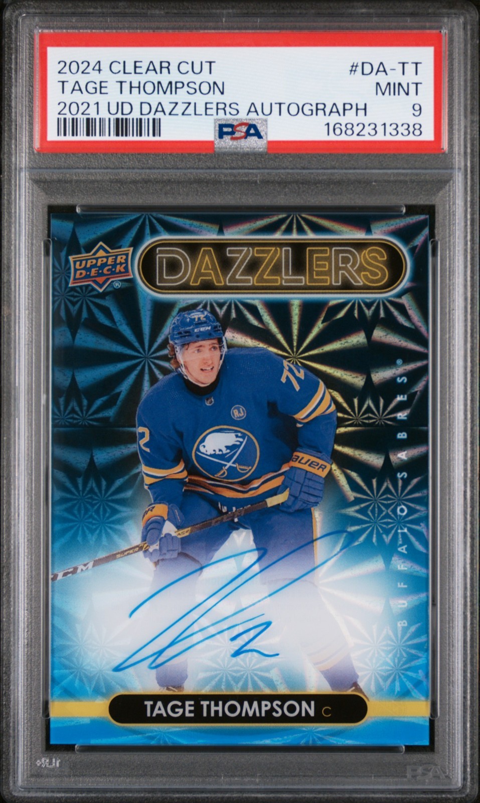 TAGE THOMPSON 2024 UPPER DECK CLEAR CUT '21 DAZZLERS AUTO PSA 9 MINT SABRES