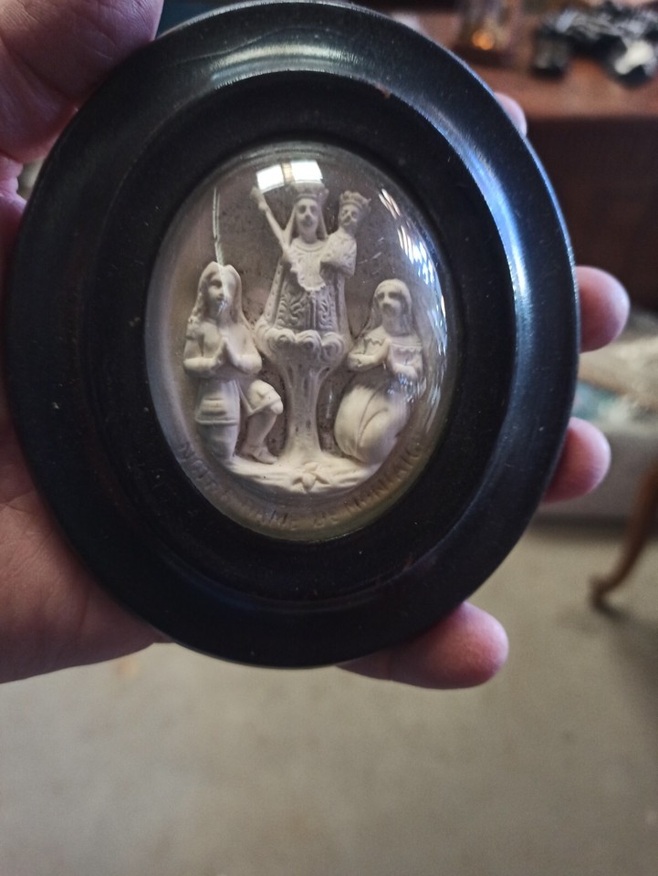 Antique French religious statue in terracotta wood frame curved glass