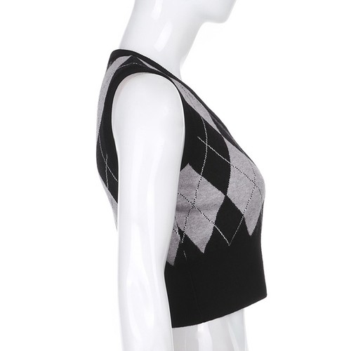 Womens Vest Argyle Sweater Knitted Crop Top Contrast Color Pullover Fashion - Picture 43 of 57