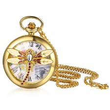 Womens Dragonfly Decorated Quartz Pocket Watch Roman Numerals Dial Necklace Gift