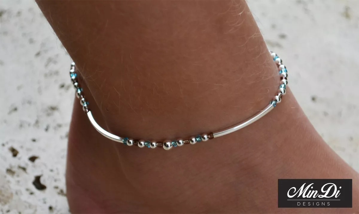 Handmade Genuine Sterling Silver Stretch Anklet With Glass Beads