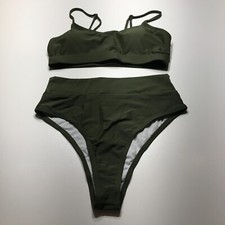 NWOT Green Bikini 2 Pc Set Bandeau Top High Cut Bottoms Swimsuit Womens Medium