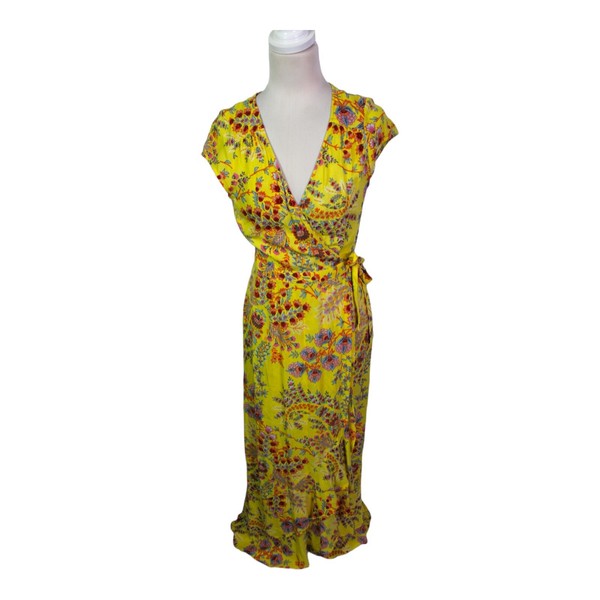 Tigerlily Maxi Wrap Dress Size 8 Yellow Floral Print Cap Sleeves Rayon 