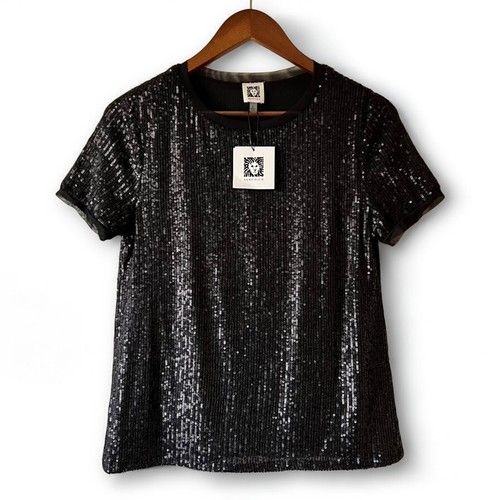 NEW Anne Klein Black Sequin Banded Mesh Short Sleeve T-Shirt Top Size Small $79