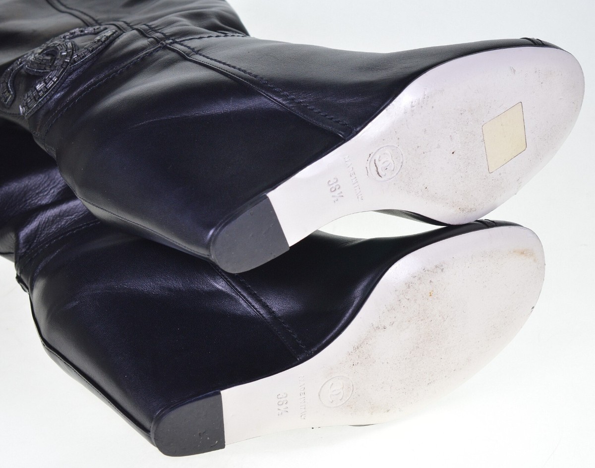 CHANEL BLACK LEATHER CAP TOE WEDGE BOOTS CC LOGO | eBay CHANEL BLACK LEATHER CAP TOE WEDGE BOOTS CC LOGO | eBay