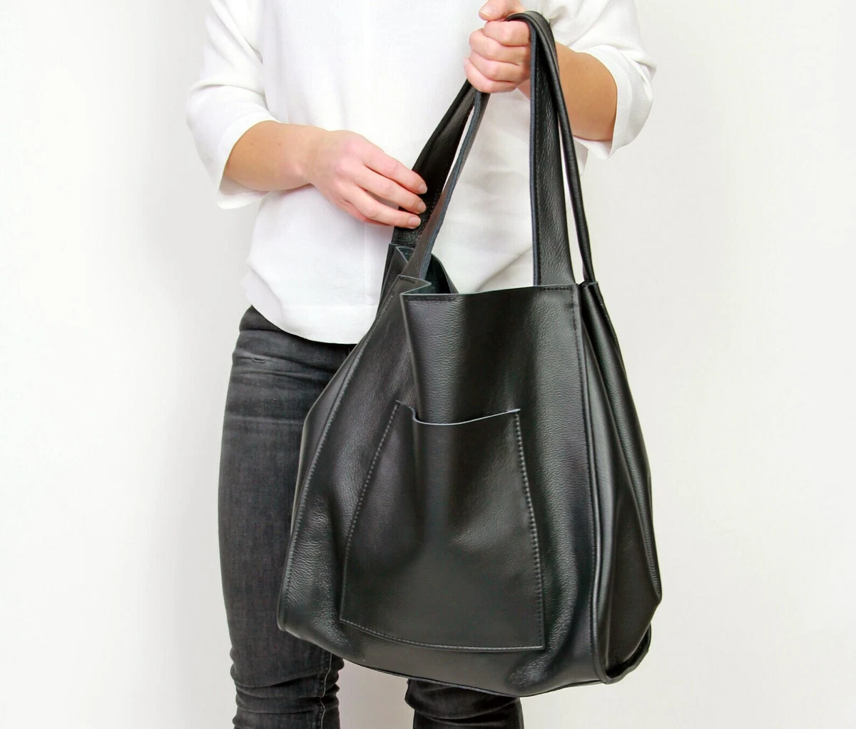 Large Shopping Pouch in Black Leather