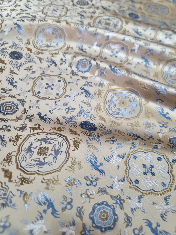 Blue Geometric Beige Embroidered Brocade Jacquard Silky Fabric By The Yard Birds - Image 2 of 4
