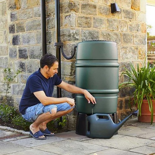 227L Green Garden Large Round Plastic Water Butt Set Inc Tap, Stand+Gutter Kit - Picture 2 of 4