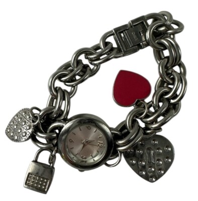 Silver Tone Charm Bracelet Quartz Analog Ladies Watch Hearts Locks Needs Battery