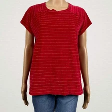 Liz Claiborne Striped Plush Velour Shirt Top MEDIUM Bright Red Gold Metallic