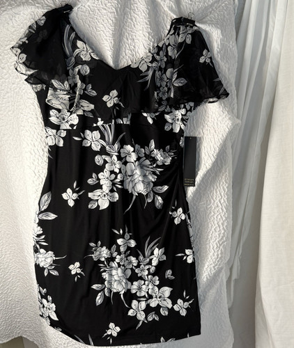 Lulus Black & White Floral Off-Shoulder Flutter Sleeve Short Dress L MK95