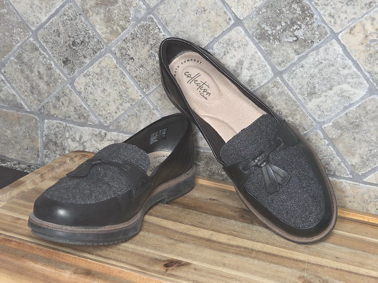 Scarpe mocassino Clarks Raisie Foster nere in pelle tweed penny da donna taglia 9 5 M
