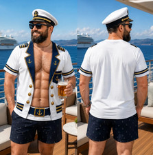 Captain Costume T-Shirt 3D Muscle Sailor Halloween Cruise Funny Shirt