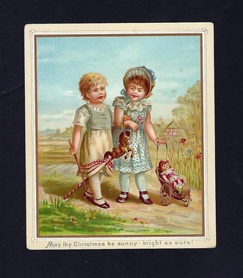 c1880's Large Victorian Trade Card, Christmas, Children Walking With Toys
