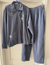 2 Pc Women Alfred Dunner Blue Embroidered Floral Pantsuit Jacket 24W Pant 18W
