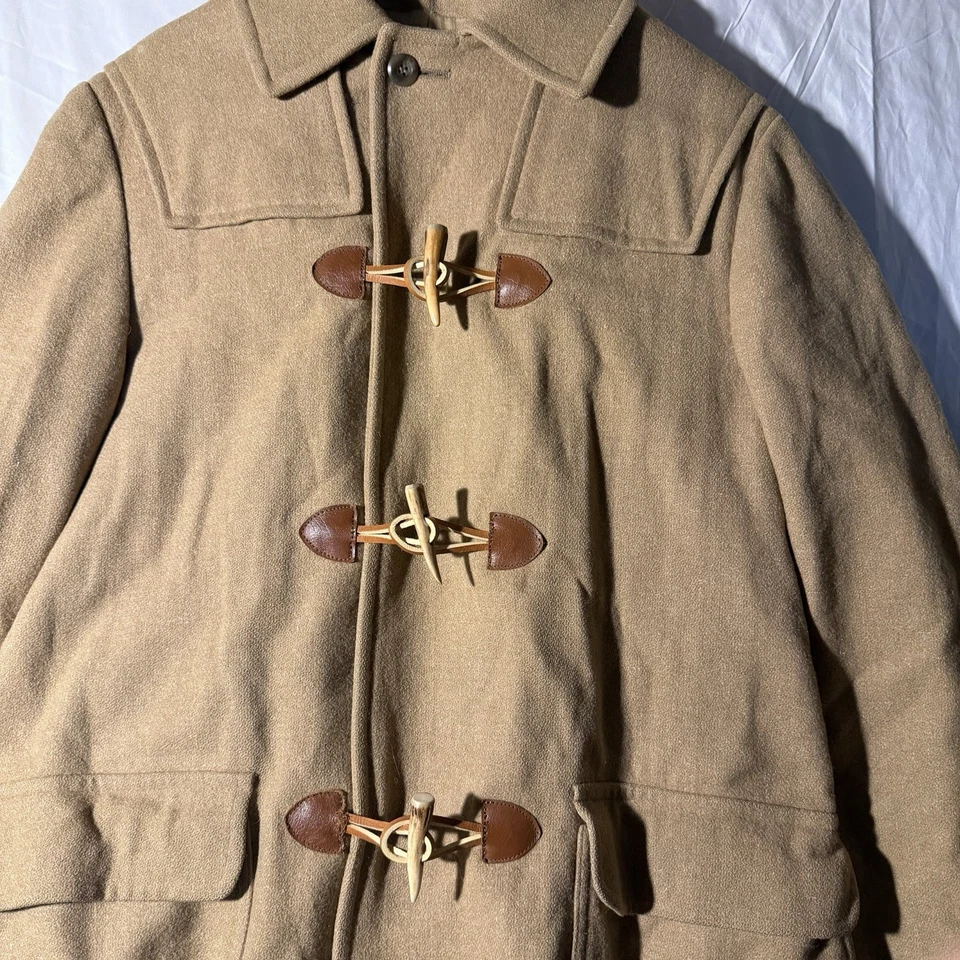 VTG 60s USA PENDLETON WOOL DUFFEL OVERCOAT CAR COAT ROCKABILLY BEIGE Size 40 - Image 3 of 4