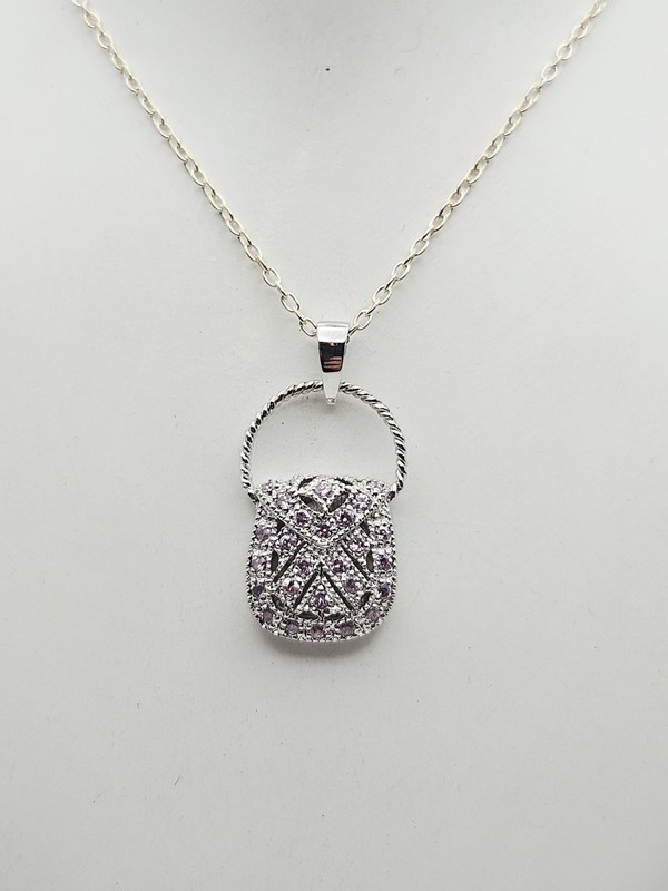 FAS Sterling Silver Pink & White CZ Purse Pendant Necklace 18"