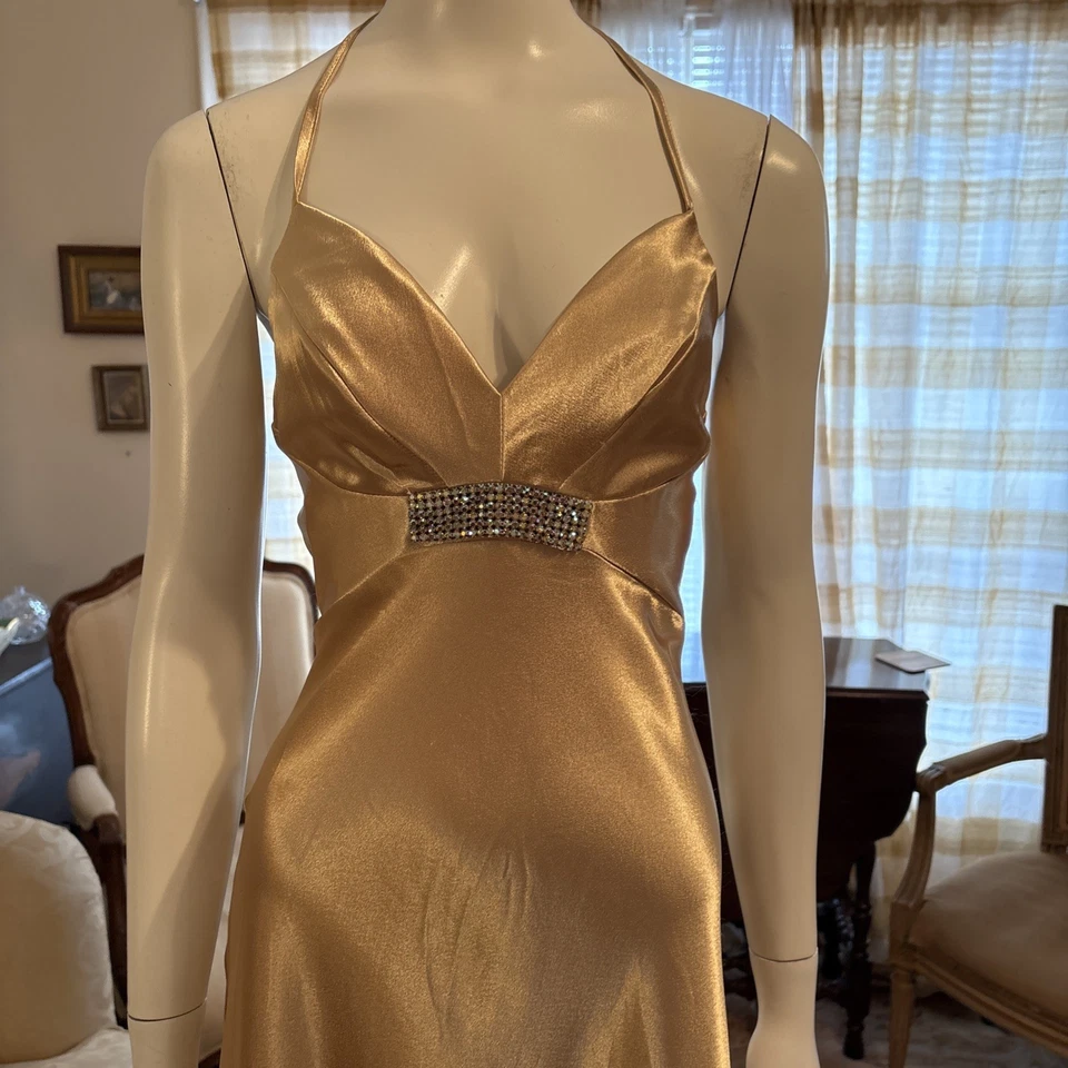 Vtg Gorgeous Formal Gold Halter Jessica McClintock For Gunne Sax Dress Sz 3/4 - Image 2 of 4