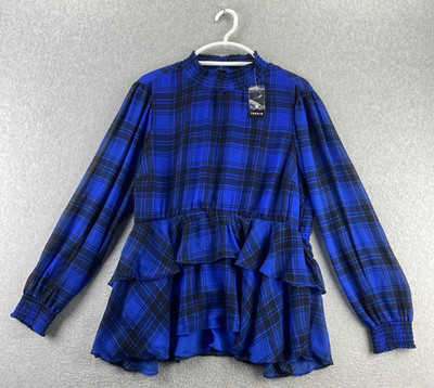 Torrid 1X Blue Plaid Chiffon Peplum Top Long Sleeve Smocked Neck Blouse NWT