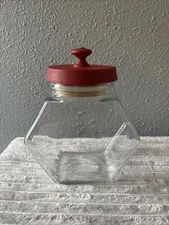 VTG Hexagon Glass Canister Jar Wood Lid General Store Apothecary Country