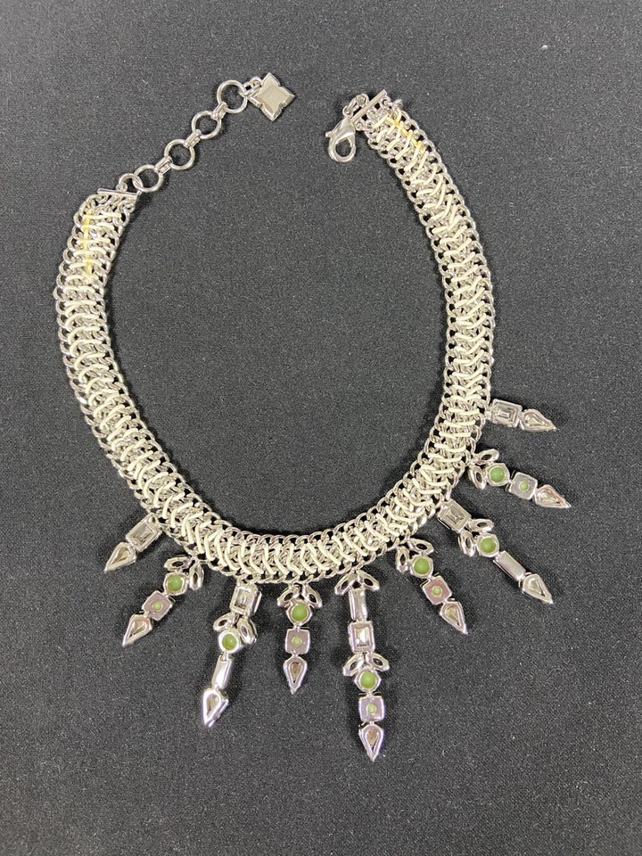 BCBG MAXAZRIA Silver Chain & Peridot Green Teardrop Rhinestone Fringe Necklace - Image 4 of 4