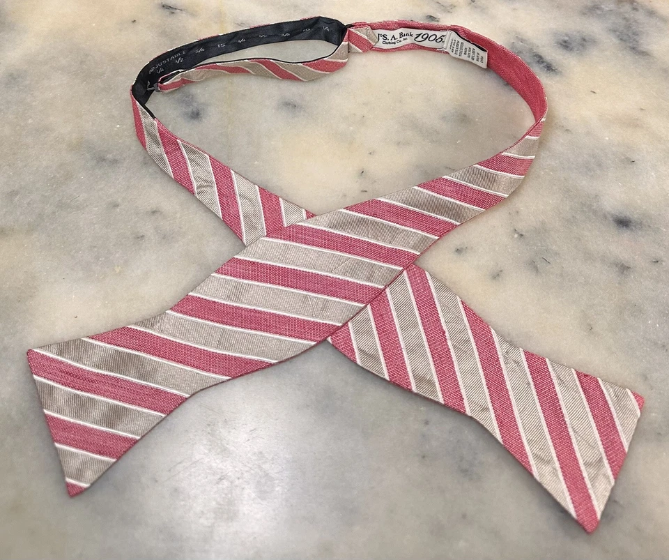 Jos A Bank Silk Linen Cotton Blend Reversible Pink Solid Striped Self Bow Tie - Image 2 of 4
