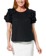 DG2 by Diane Gilman Eyelet Knit Ruffled Puff Sleeve Top Black