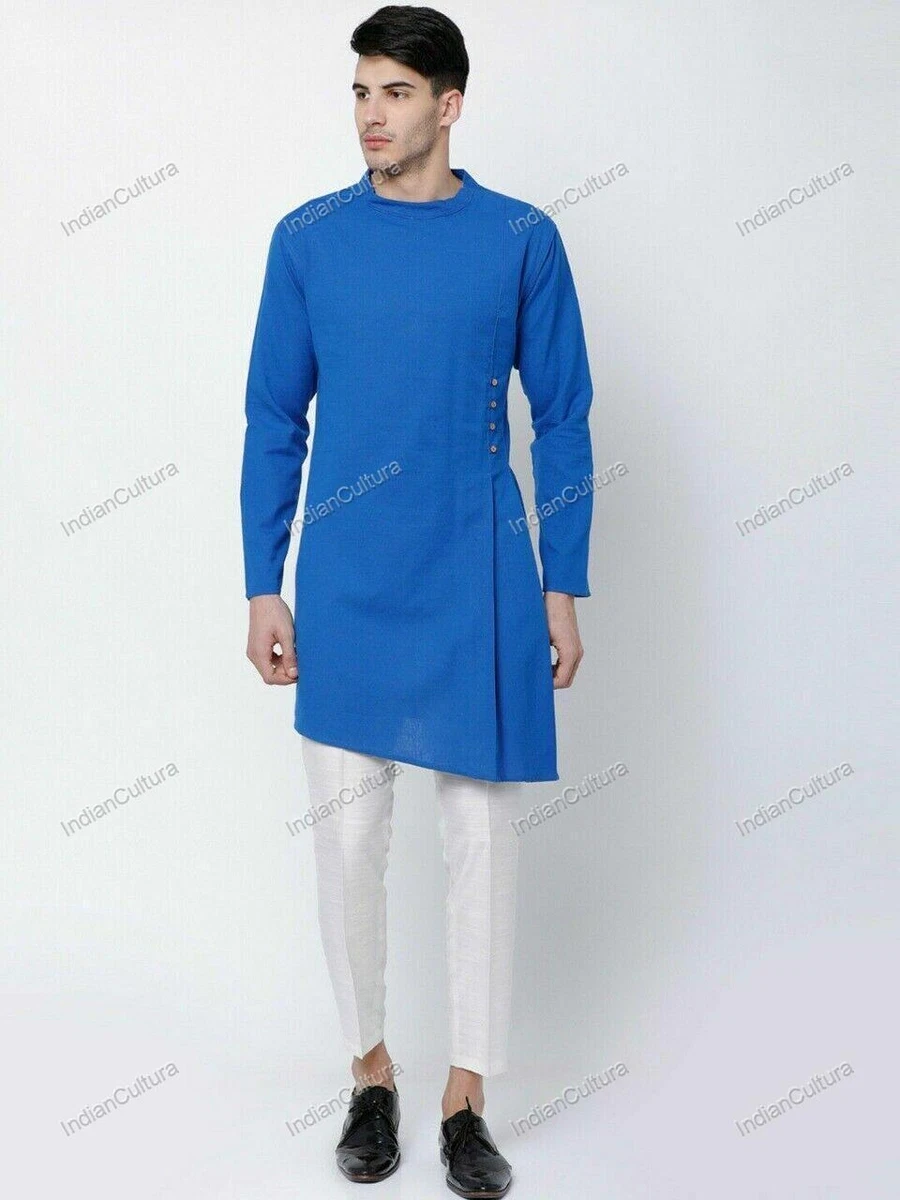 Solid Color Cotton Pathani Suit in Navy Blue : MTR2315