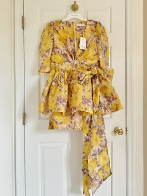 ジマーマン　HIGH TIDE MINI DRESS シルクドレス ワンピース NWT $1,750 Zimmermann High Tide Peplum Silk Mini Dress Yellow Ikat
