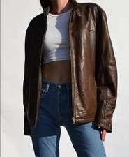 Women Oversize 90's Motorcycle Vintage Style Brown Bomber Biker Leather Jacket
