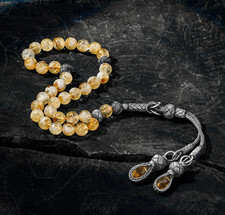 1000 Ct Silver Kazaz Tassel Citrine Islamic 33 Prayer Beads Tasbeeh Misbaha