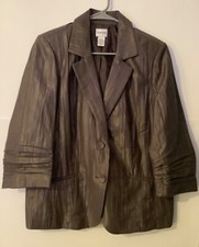 Chico's Brown Silver Shimmer Crinkle Pleat Blazer 2 Jacket pockets Free Ship