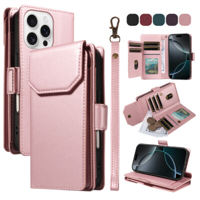 For iPhone 16 Pro Max 15 14 13 12 11 Shockproof Leather Purse Card Wallet Case
