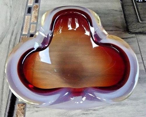 Alfredo Barbini - Murano Art Glass RED OPAL Biomorphic Ashtray Bowl