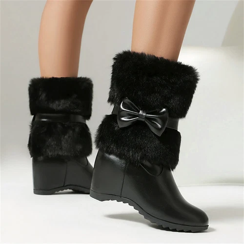Women's Hide Wedge Heel Plush Lining with Faux Fur Trim Bowknot Decor Snow Boots - Picture 3 of 16