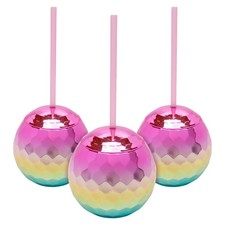 20 oz. Rainbow Disco Ball-Shaped Reusable BPA-Free Plastic Cups with Lids  Stra