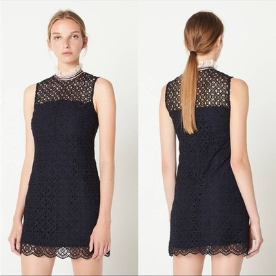 Sandro Dovera Navy Lace Eyelet Mini Dress Blue Sz 38/6 Sleeveless Scalloped Hem