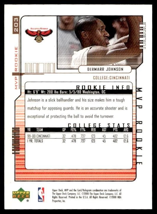 2000 Upper Deck DerMarr Johnson #203 Atlanta Hawks - Image 2 of 2