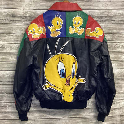 Vintage Tweety Bird Leather Jacket Mens Small Black Looney