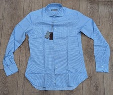  395 Mens CANALI Micro Grid Cotton Dress Shirt Light Blue 40 US 15.75 Slim Fit