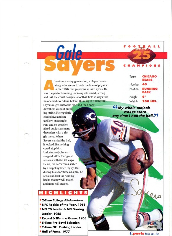 GALE SAYERS Autographed 8x10 Sports Fact Sheet PSA/DNA CHICAGO BEARS HOF