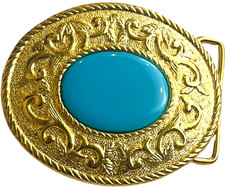 Western Style Belt Buckle Gold Color with Blue Oval Inlay - Belt Buckle