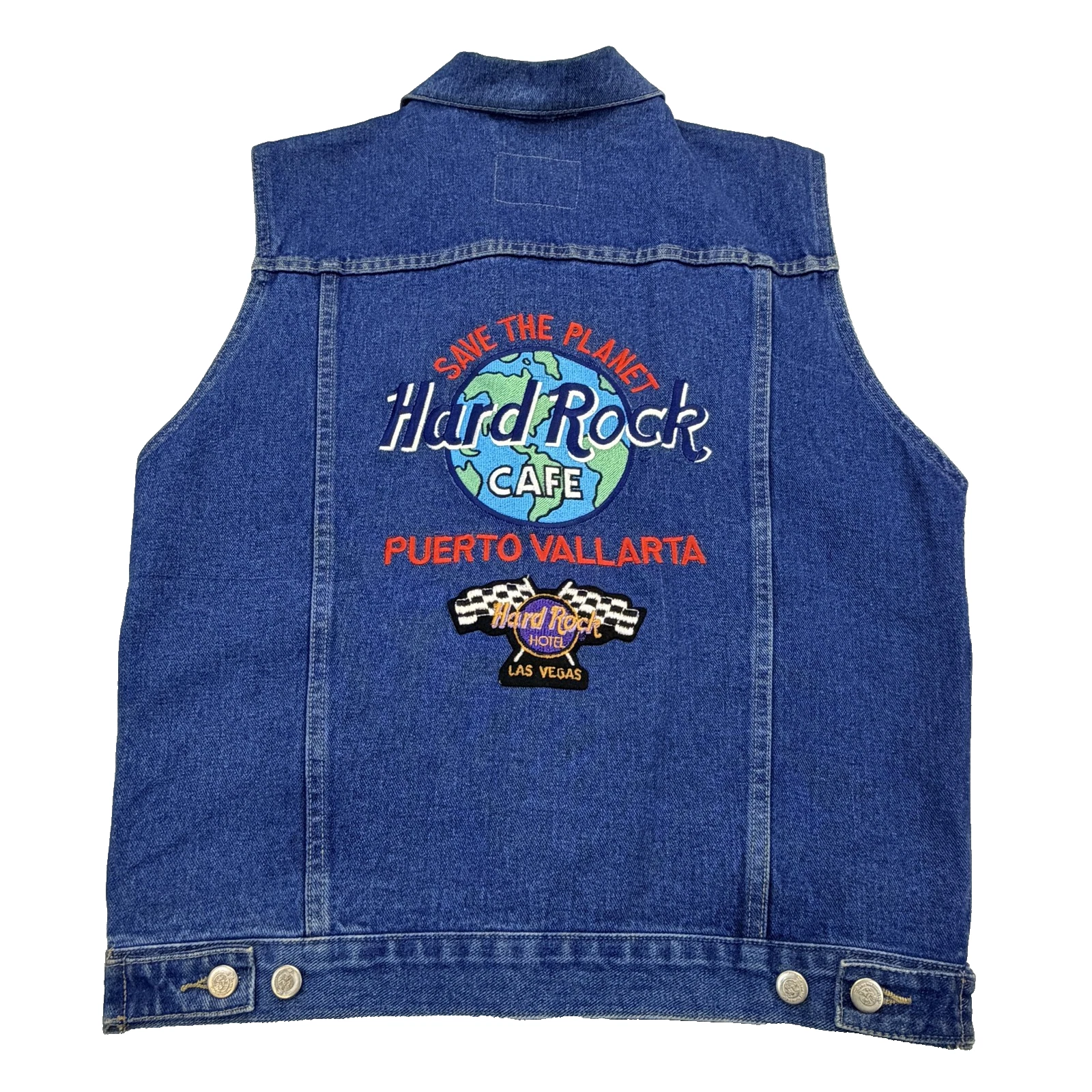 Hard Rock Cafe Vest Mens Medium Blue Denim Save The Planet Puerto Vallarta