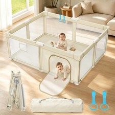 Foldable Baby Playpen 65x50 Inch Large Toddler Play Yard Beige Indoor Outdoor
