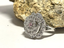 925 Sterling Silver Pink Rhinestone Flower Ring Sz 9.75 8.56g