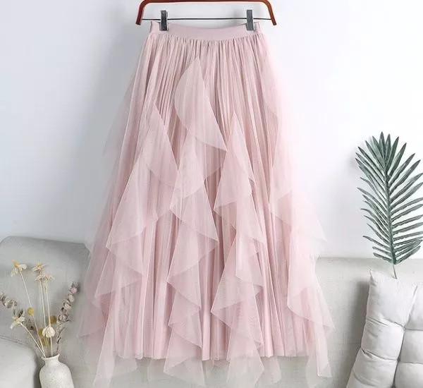 Falda Tul Rosa Larga Doselera Irregulares Romántica Talle Alto Elegante CF58946
